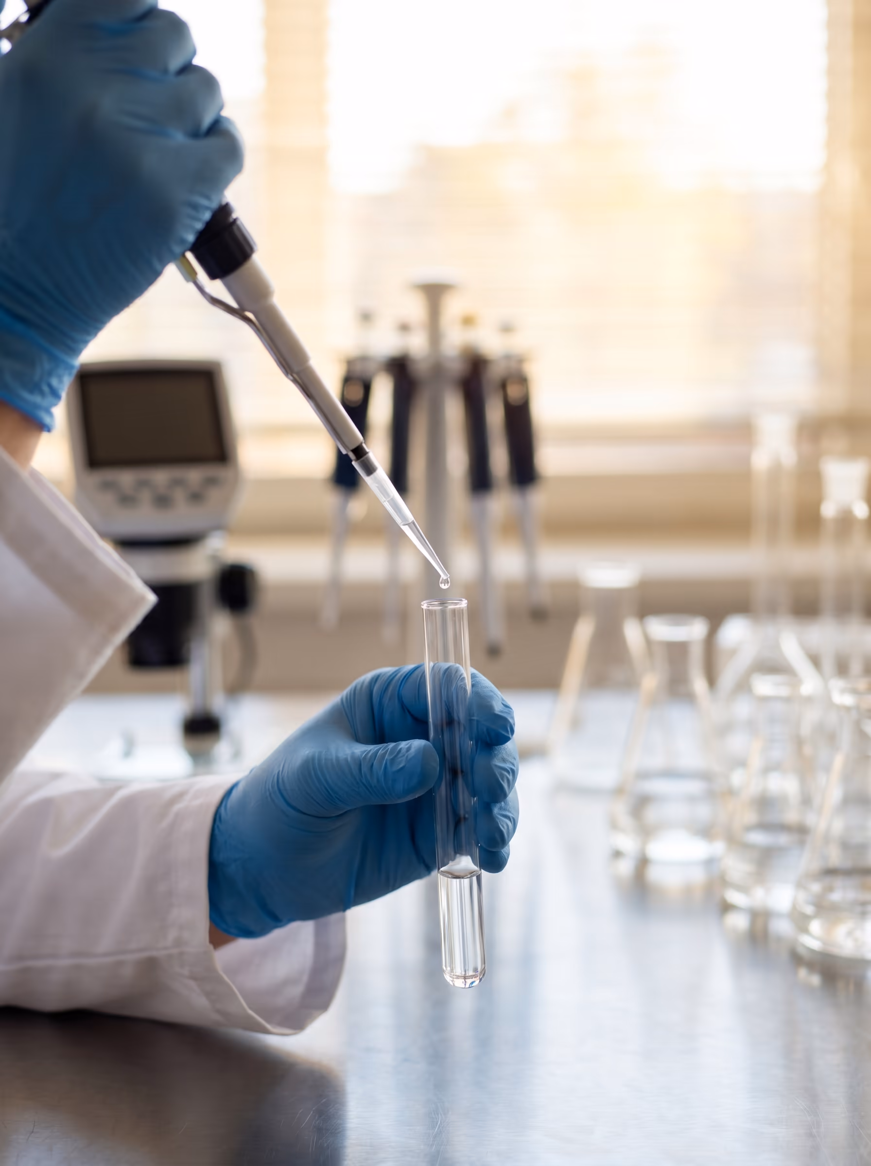 A researcher in nitrile blue gloves carefully dispensing liquid from a precision pipette into a clear glass test tube, photographed in a modern agricultural science laboratory