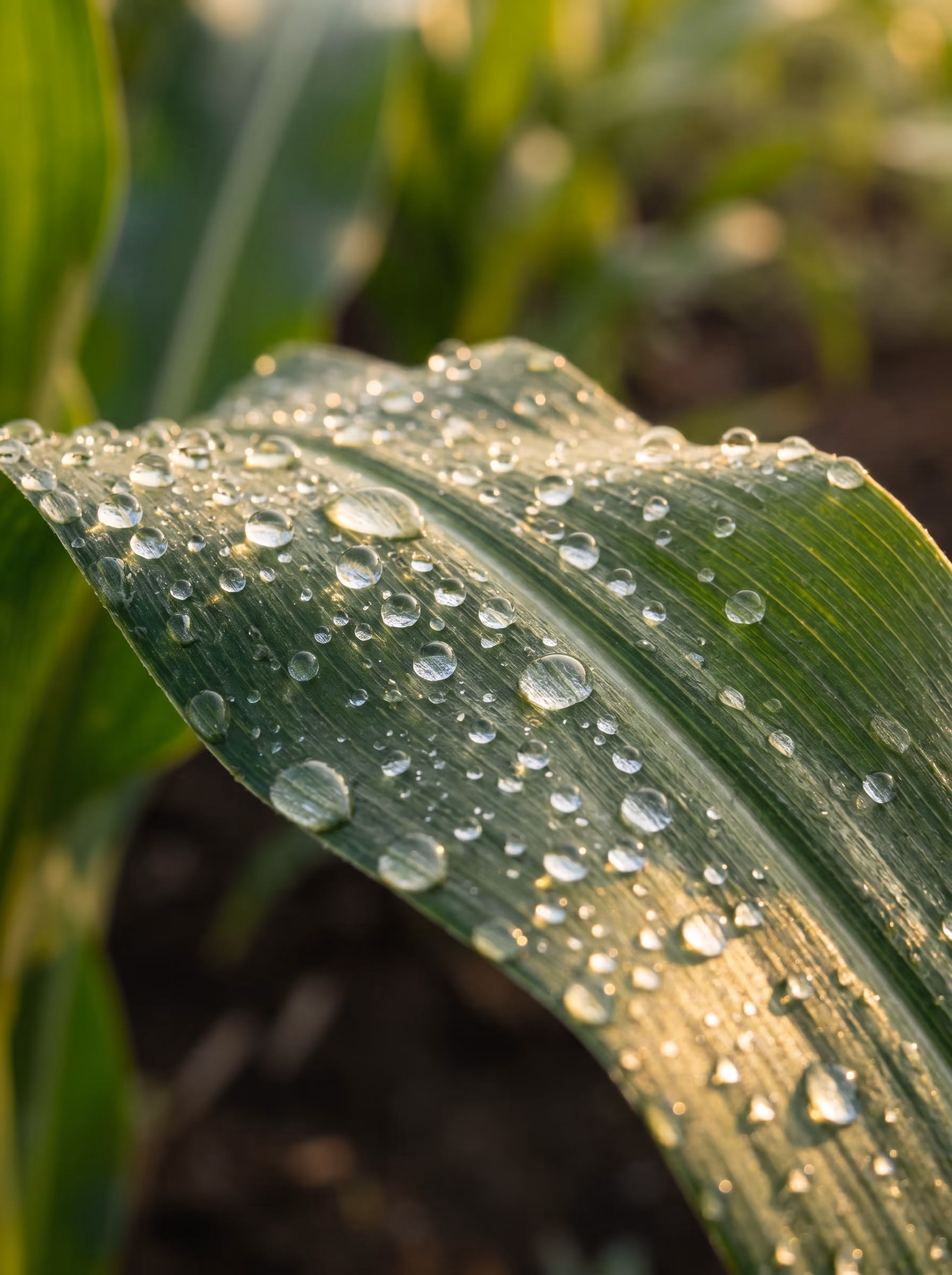 A glossy corn leaf scattered with countless tiny dew droplets at golden hour