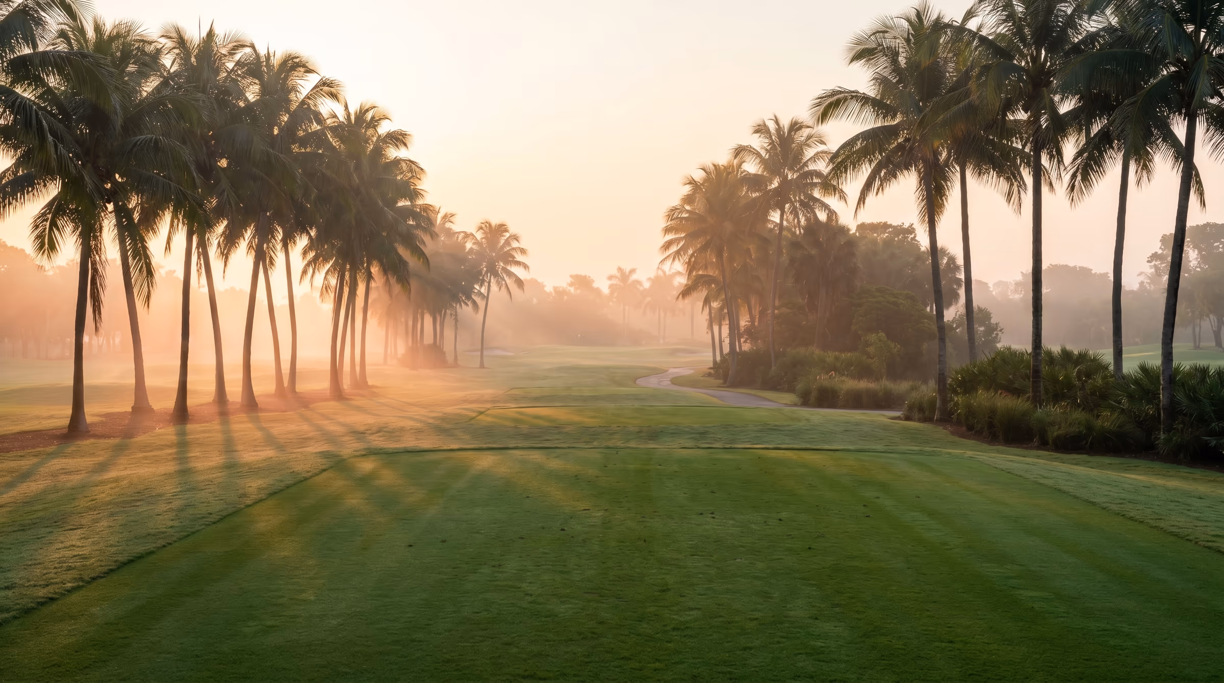 Fairway flanked by palm trees at sunrise