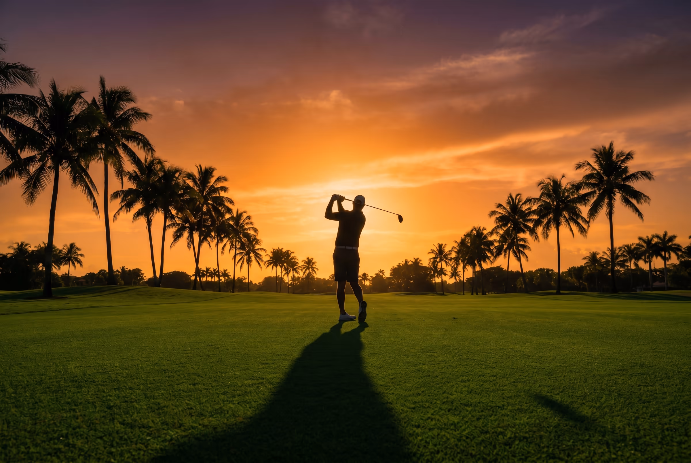Silhouette of a golfer mid-swing at sunset with palm trees backdrop